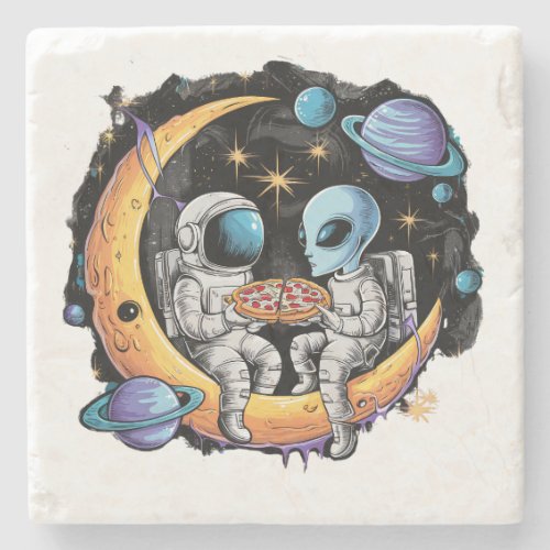 Astronaut and Alien Enjoy a Slice Stone Coaster