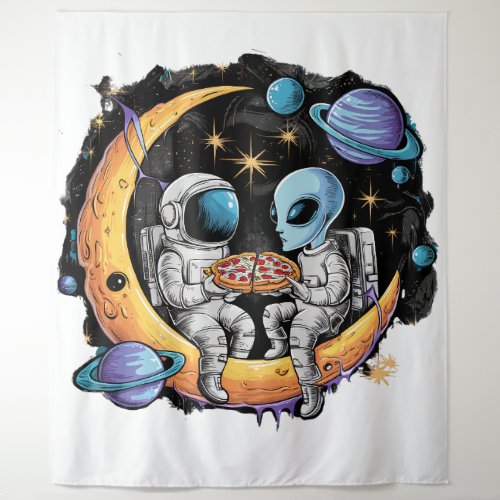 Astronaut and Alien Enjoy a Slice Tapestry