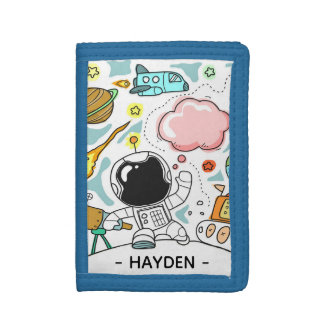 Astronaut and Space Doodles Personalised Tri-fold Wallet