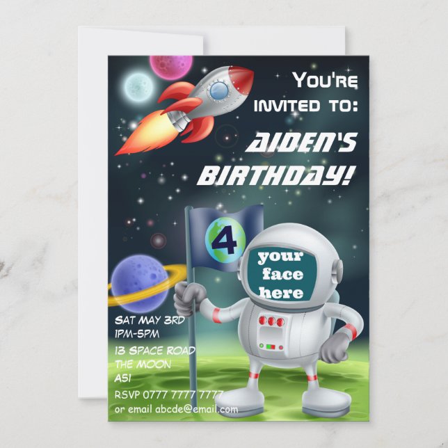 Astronaut and space rocket birthday invite (Front)