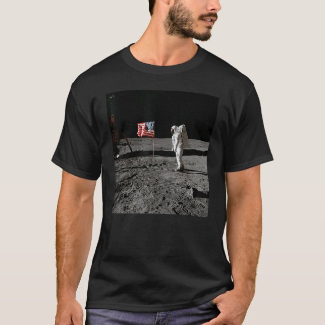 Astronaut and US Flag on Lunar Surface Apollo Moon T-Shirt (Front)