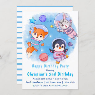 Astronaut Animals 2nd Birthday Invitations