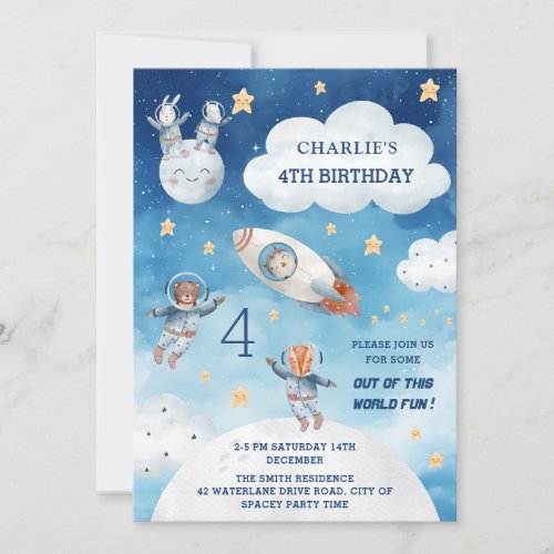 Astronaut Animals Space Rocket Cute Kids Birthday Invitation