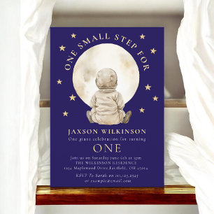 Astronaut Baby Moon First Birthday Navy Stars Invitation