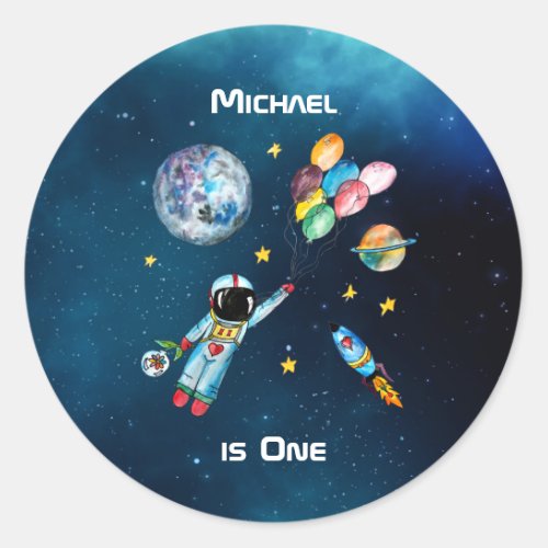 Astronaut Balloons galaxy Rocket Space Name 1st Classic Round Sticker