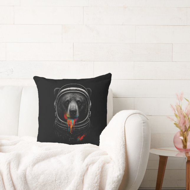 Astronaut Bear with Neon Paint Drips Cosmic Animal Throw Pillow (Couch)