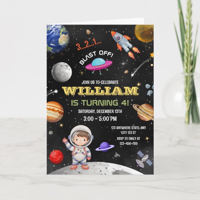 Astronaut Birthday Invitation Outer Space Galaxy (Front)