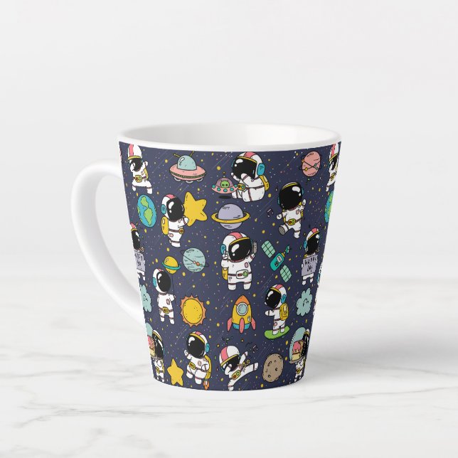 Astronaut Birthday Space Party Pattern Latte Mug (Left Angle)