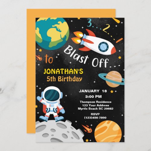 Astronaut Blast Off 5th Birthday Party Invitation