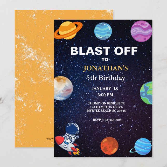 Astronaut Blast Off 5th boys Birthday Party   Invitation (Front/Back)