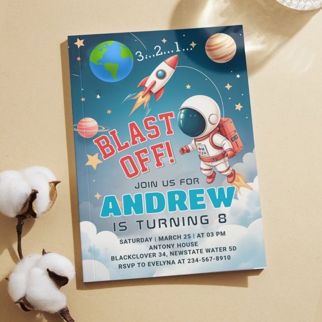 Astronaut Blast off Space Birthday Party Invitation (Astroanaut 2 Invitation)