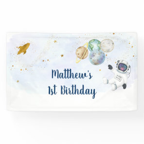 Astronaut Blue Gold Outer Space Birthday Banner