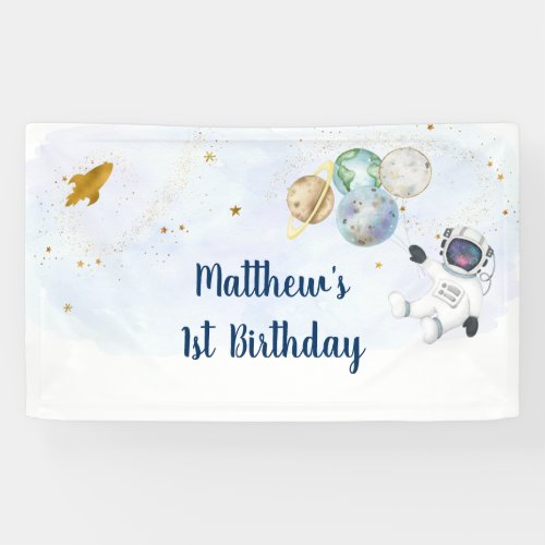 Astronaut Blue Gold Outer Space Birthday Banner