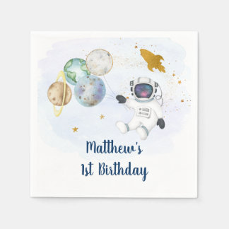 Astronaut Blue Gold Outer Space Birthday Napkins