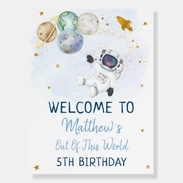 Astronaut Blue Gold Outer Space Birthday Welcome Foam Board (Front)