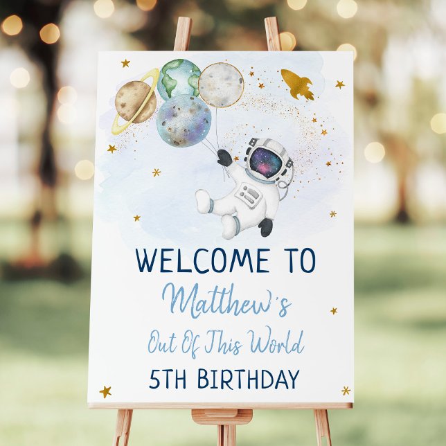 Astronaut Blue Gold Outer Space Birthday Welcome Foam Board (Creator Uploaded)
