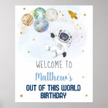 Astronaut Blue Gold Outer Space Birthday Welcome Poster