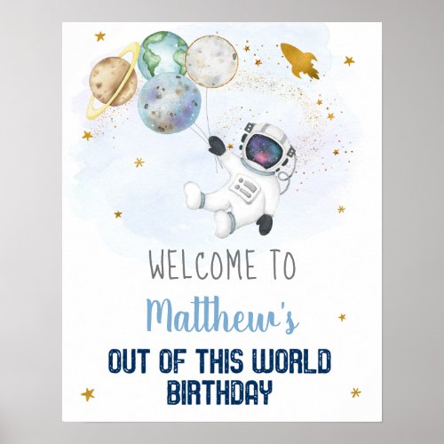 Astronaut Blue Gold Outer Space Birthday Welcome Poster