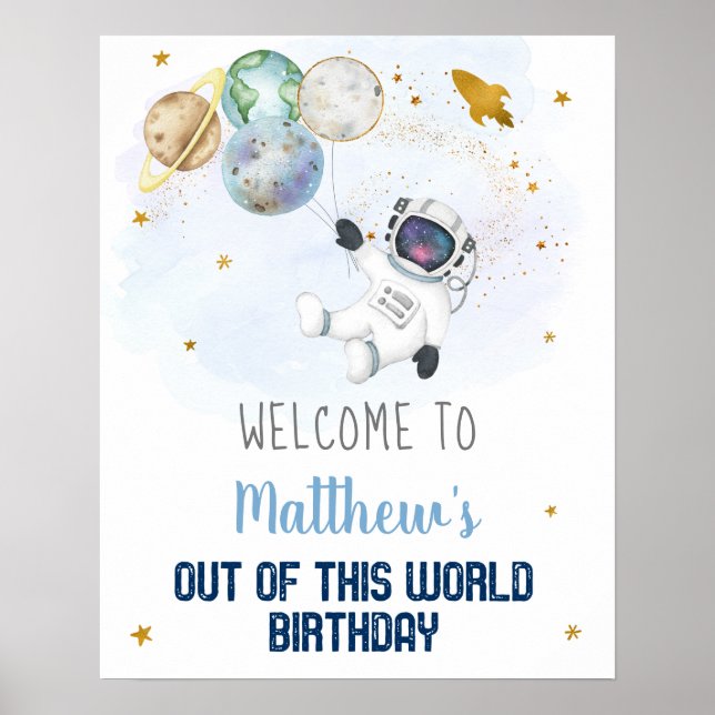 Astronaut Blue Gold Outer Space Birthday Welcome Poster (Front)