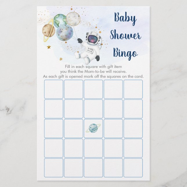 Astronaut Blue Gold Space Baby Shower Bingo Game (Front)