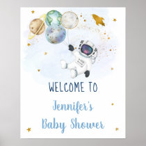 Astronaut Blue Gold Space Baby Shower Welcome Poster