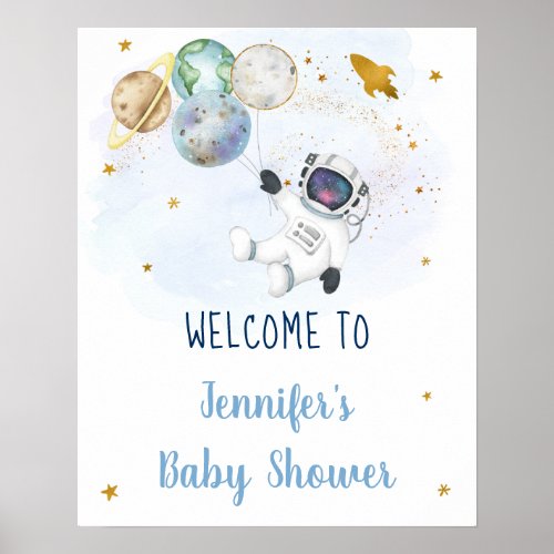 Astronaut Blue Gold Space Baby Shower Welcome Poster