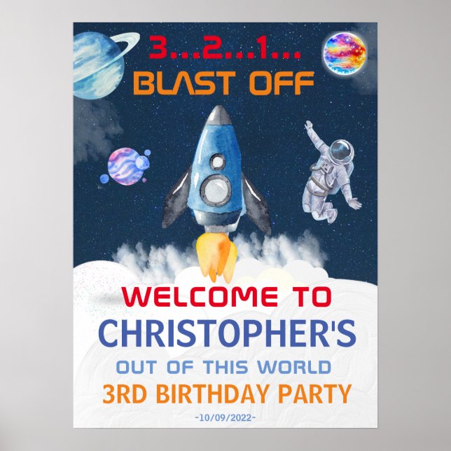 Astronaut Blue Space Birthday Welcome Poster (Front)