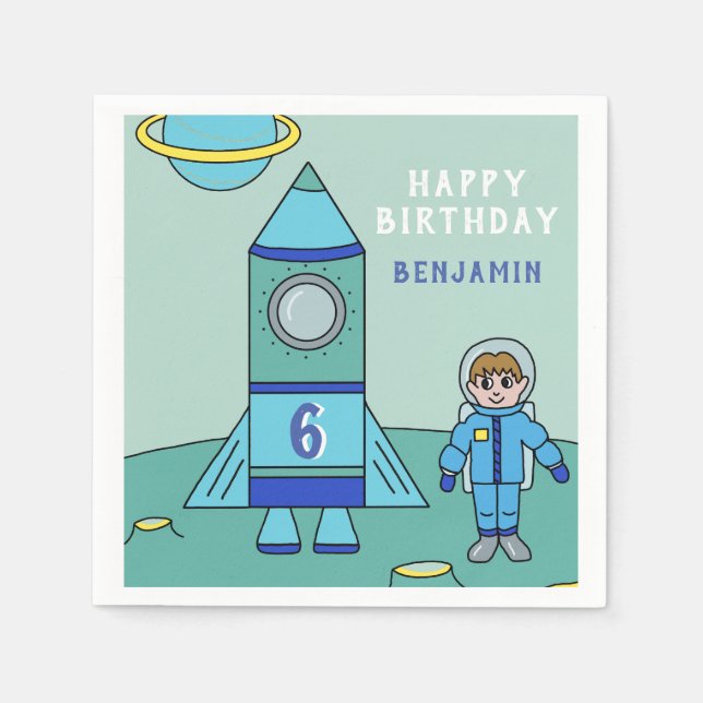 Astronaut Boy and Rocket on Moon Birthday Party Napkins (Front)