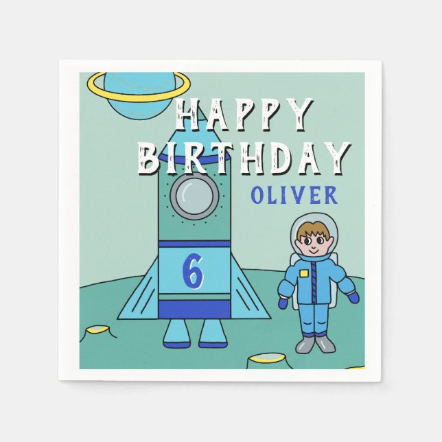 Astronaut Boy and Rocket on Moon Birthday Party Napkins (Front)