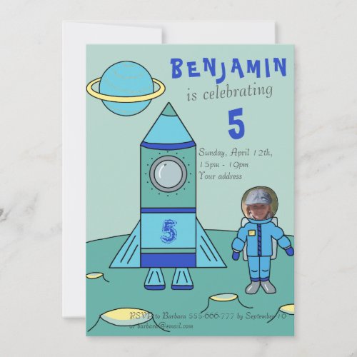 Astronaut Boy Birthday Party Insert your Face Invitation - A personalizable birthday invitation card perfect for your kid`s birthday party celebration with a photo! This invitation has an astronaut boy and his rocket on the Moon or any other planet. The boy is in a blue astronaut suit and his rocket is blue and has the age number on it. The boy astronaut makes this great as a party invite for a boy's birthday and his friends.
Insert your photo with your kid`s face and use the design tool to adjust it with an astronaut helmet (click costumize further than move and resize your photo till the head fits in the astronaut helmet).