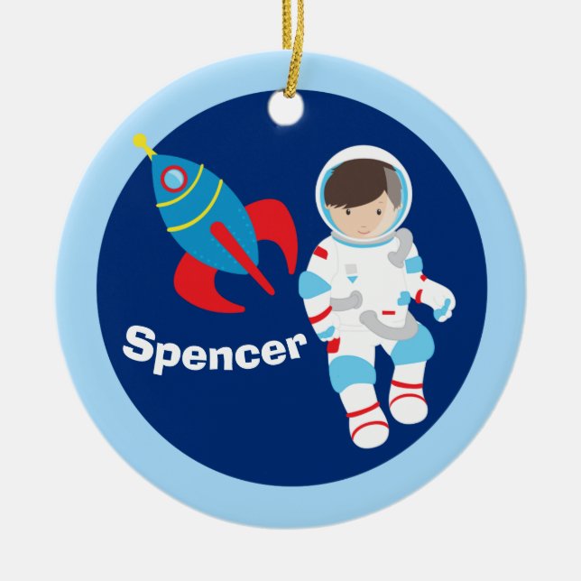 Astronaut Boy Cool Personalized Kids Christmas Ceramic Ornament (Front)