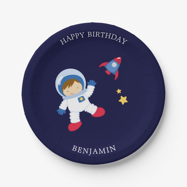 Astronaut Boy Kids Birthday Paper Plates (Front)