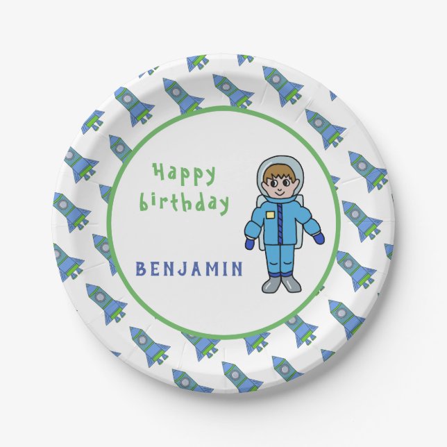 Astronaut Boy Rockets Space Name Birthday Paper Plates (Front)