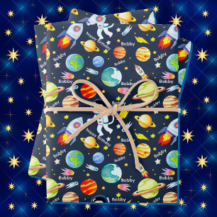 Astronaut Boy's Personalize Name Spaceship Wrapping Paper Sheets