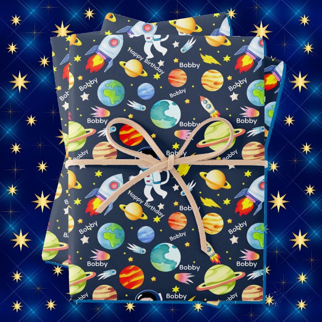 Astronaut Boy's Personalize Name Spaceship Wrapping Paper Sheets (Creator Uploaded)