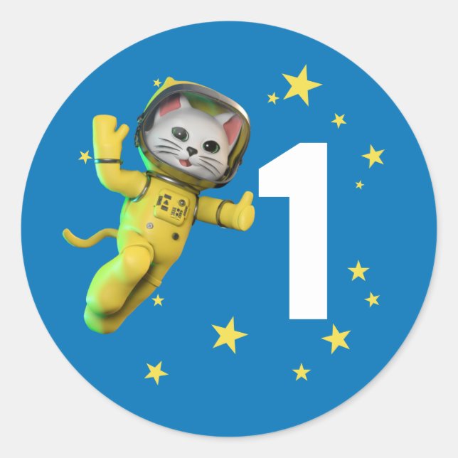 Astronaut Cat Birthday Classic Round Sticker (Front)