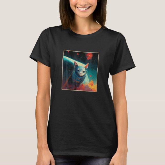 Astronaut Cat Face In Space Painting With Planets T-Shirt (Front)