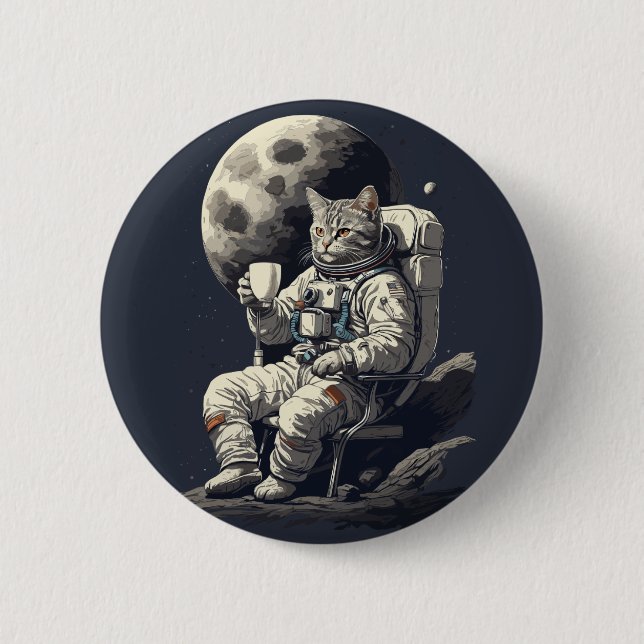 Astronaut Cat Having Cup of Coffee Button (Front)