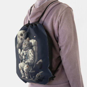 Astronaut Cat Having Cup of Coffee Drawstring Bag