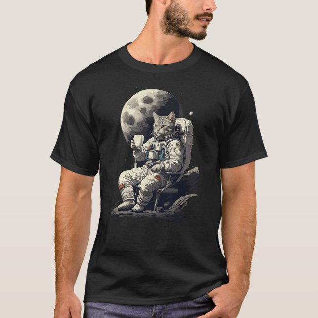 Astronaut Cat Having Cup of Coffee T-Shirt (Front)