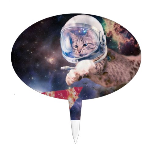 Astronaut cat hunting a pizza slice cake topper