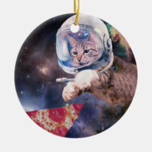 Astronaut cat hunting a pizza slice ceramic ornament
