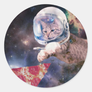 Astronaut cat hunting a pizza slice classic round sticker