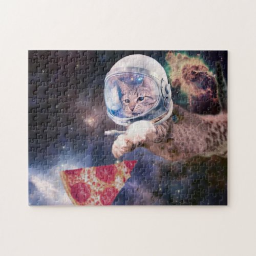 Astronaut cat hunting a pizza slice jigsaw puzzle