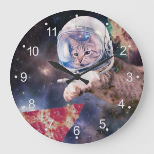 Astronaut cat hunting a pizza slice large clock