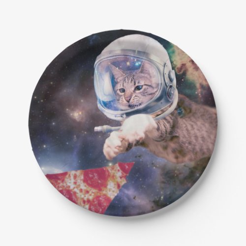 Astronaut cat hunting a pizza slice paper plates