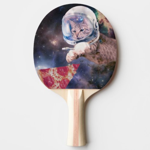 Astronaut cat hunting a pizza slice ping pong paddle