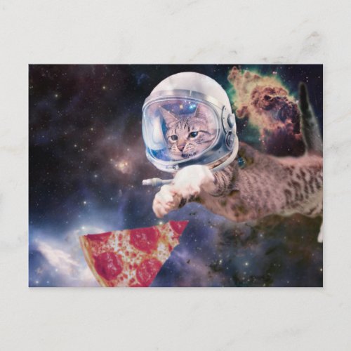 Astronaut cat hunting a pizza slice postcard