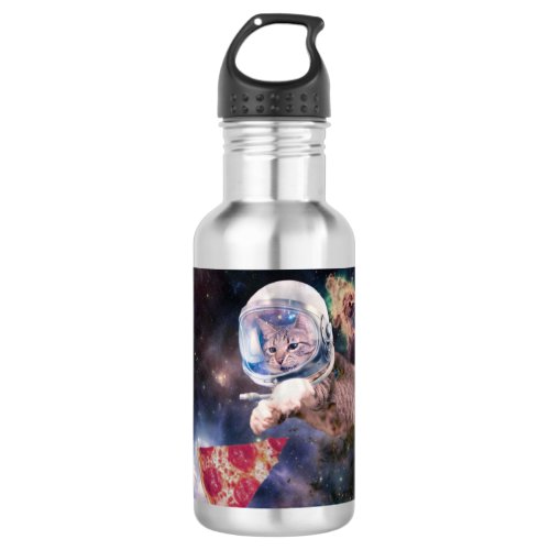 Astronaut cat hunting a pizza slice stainless steel water bottle