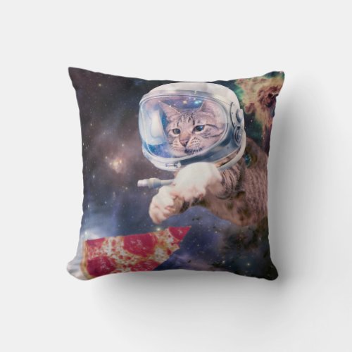 Astronaut cat hunting a pizza slice throw pillow